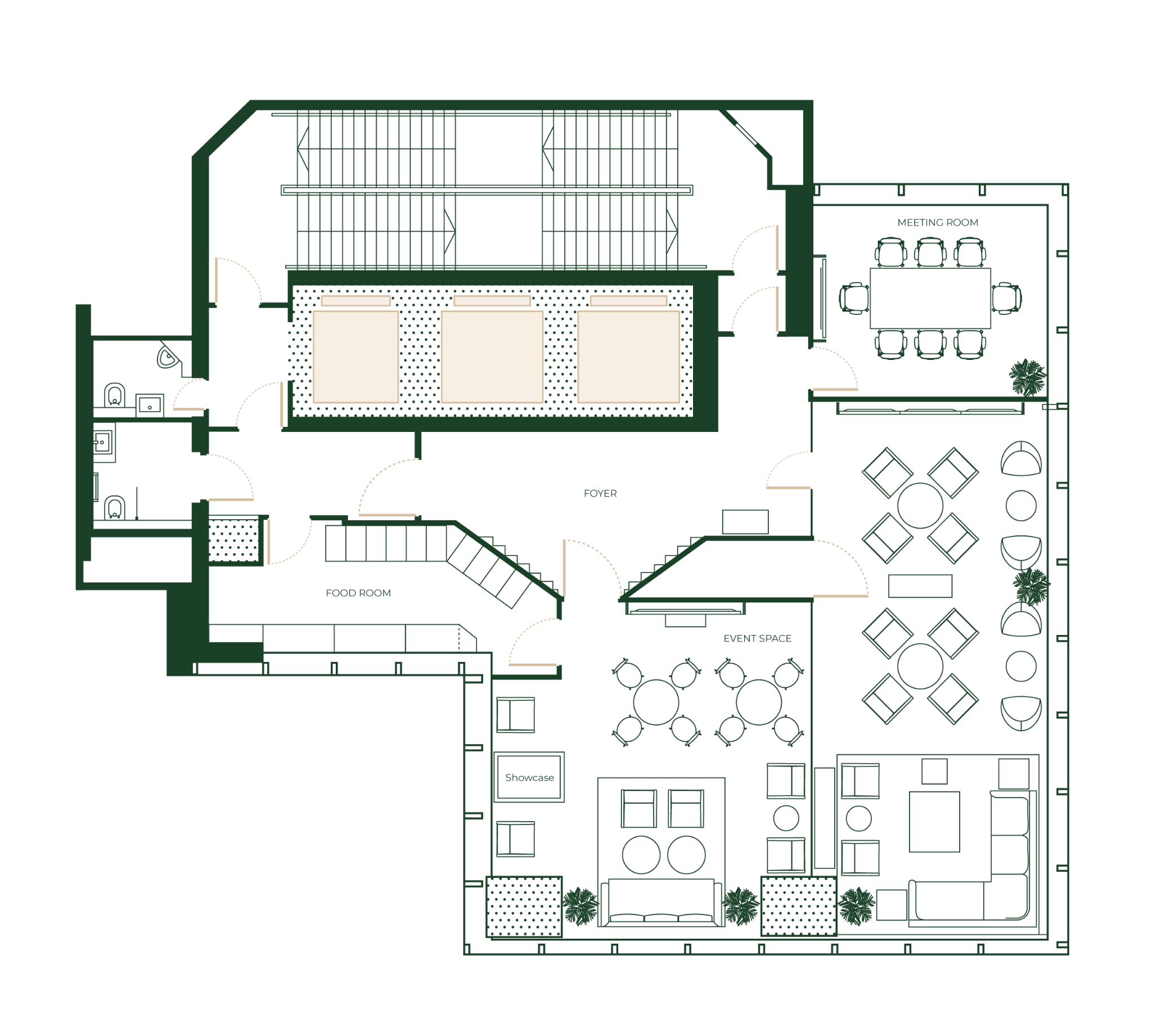 Floor plan of the 22nd floor showing the Foyer, Event Space, Meeting Room, Food Room, Showcase, and phone booths
